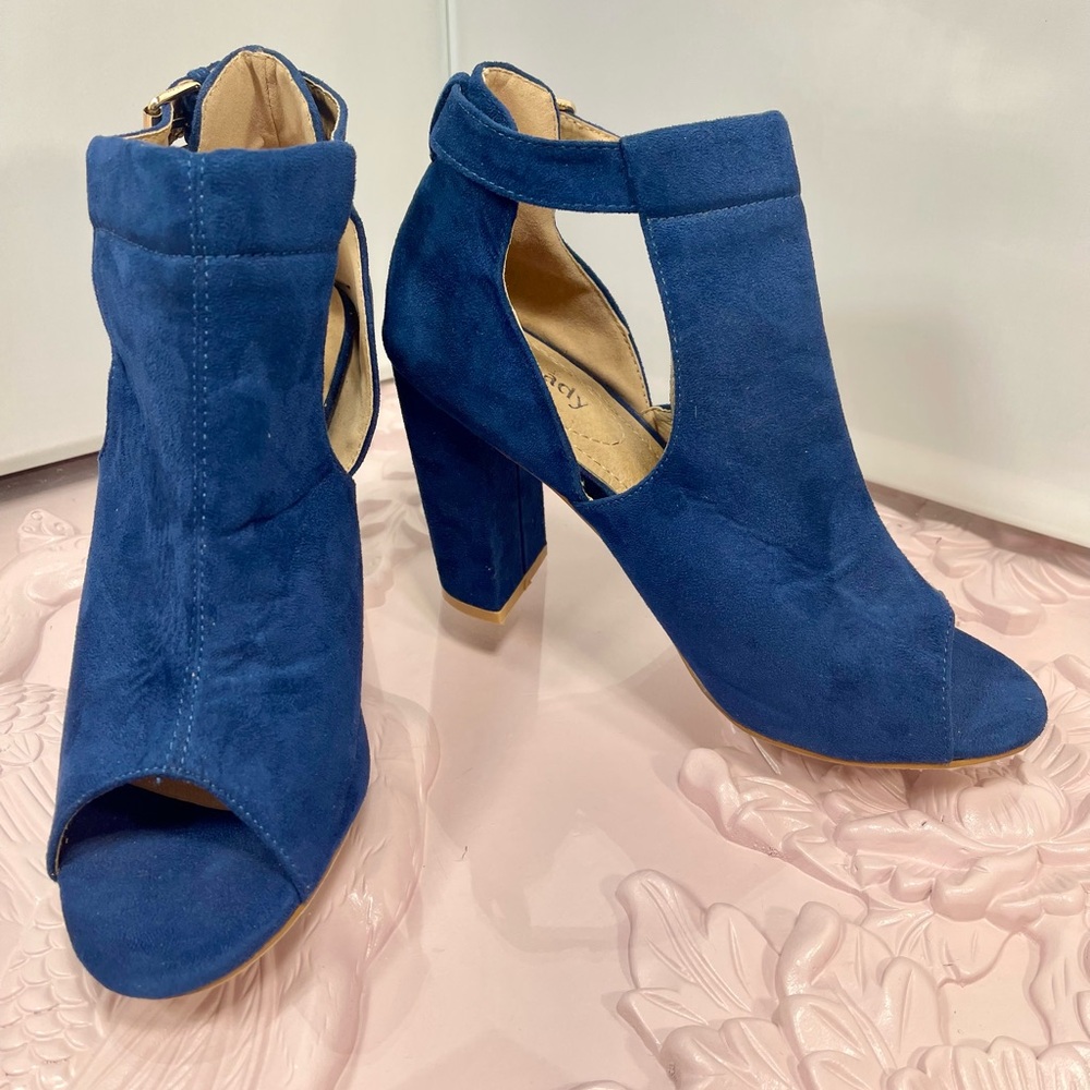 Mila Lady Crystal,Blue Suede Block Heel Peep Toe Sandal/Ankle Bootie Heels/Pumps